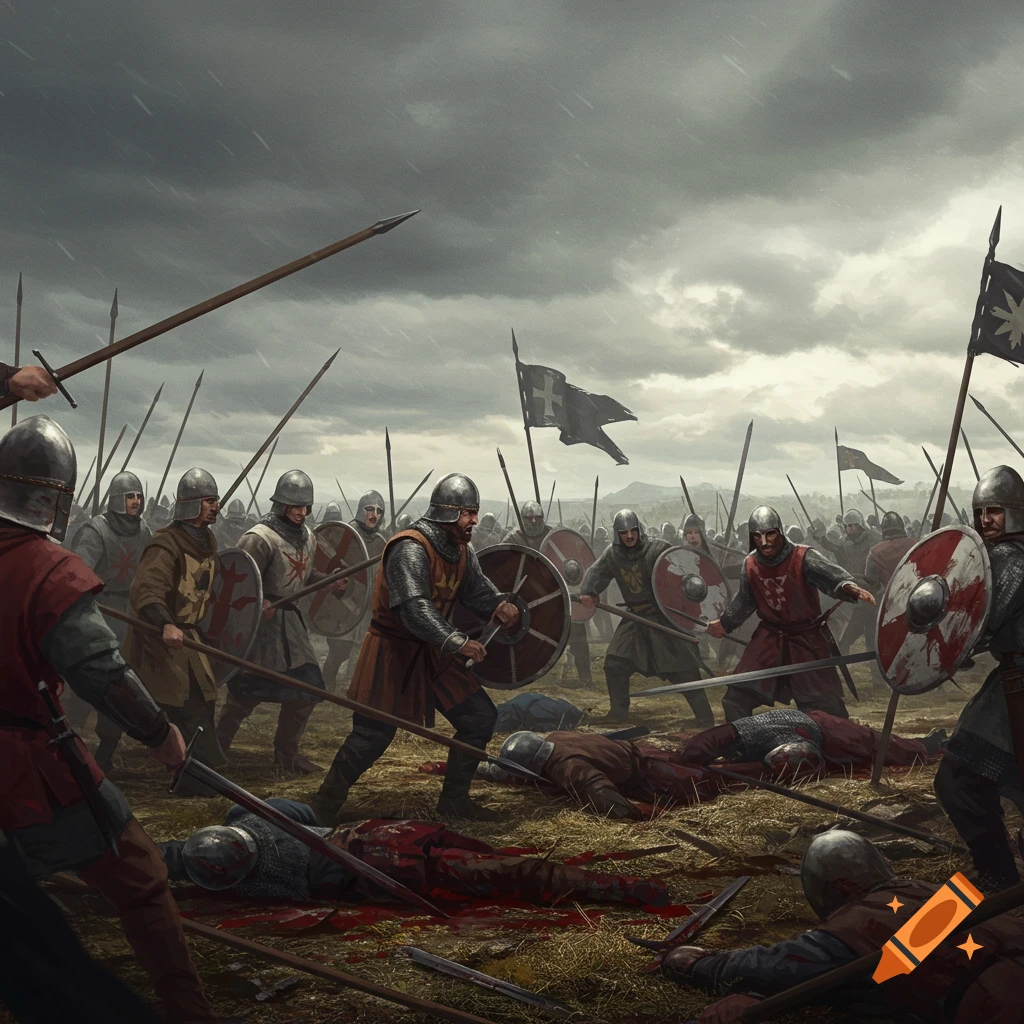 A medieval battle scene with soldiers fighting on a field under a stormy sky.