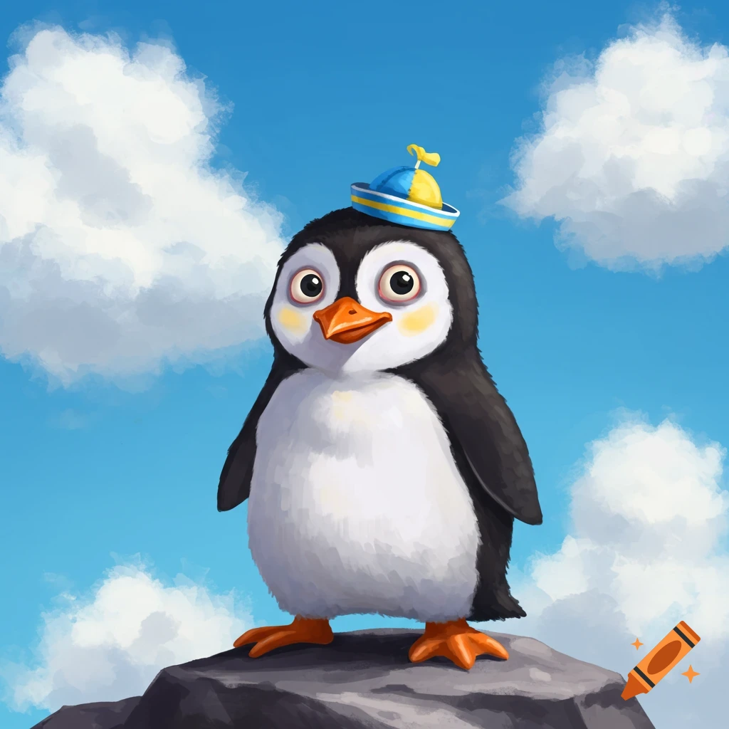 A silly penguin wearing a blue and yellow hat with a propeller stands on a rock under a cloudy sky.