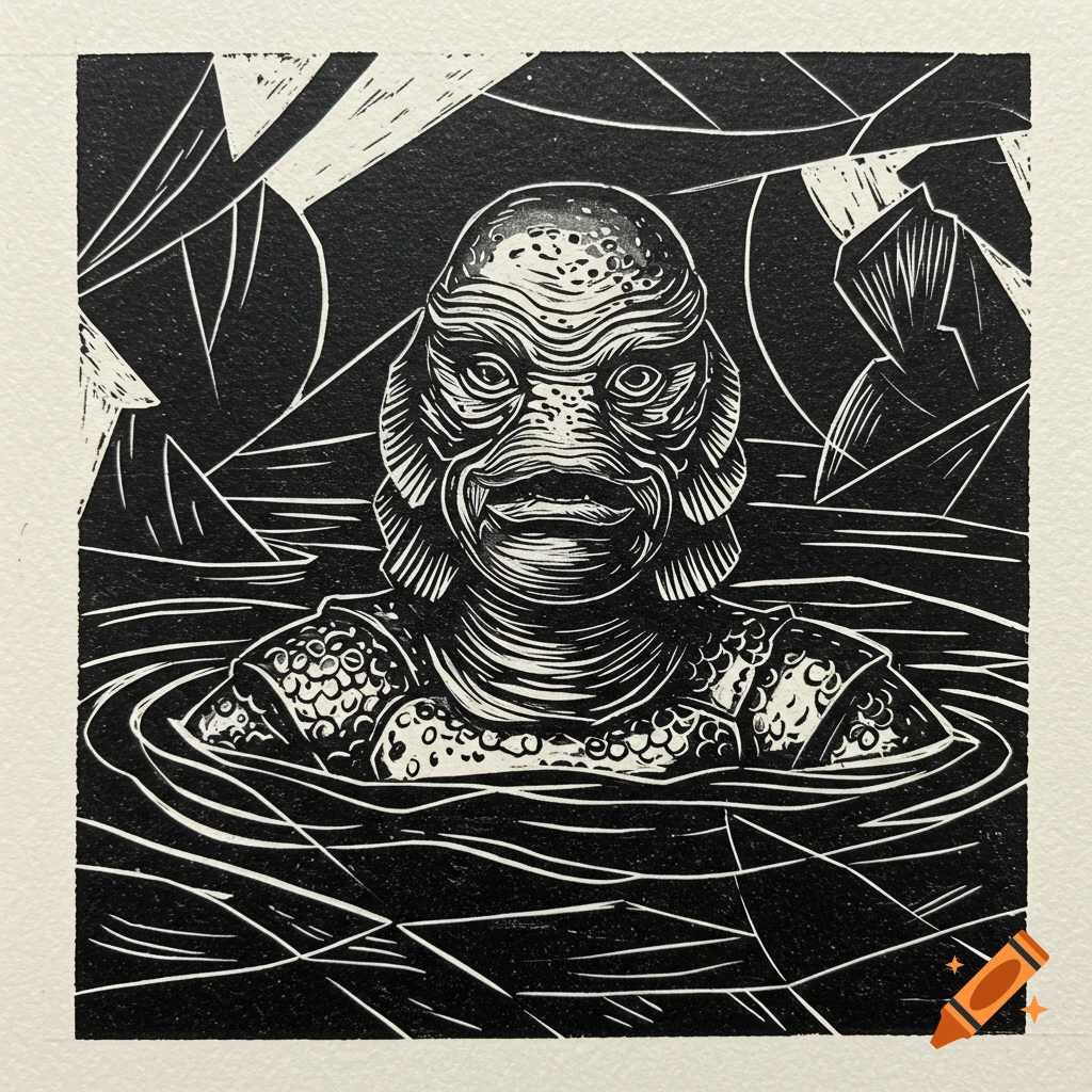Black and white woodcut of the Creature from the Black Lagoon in the water.