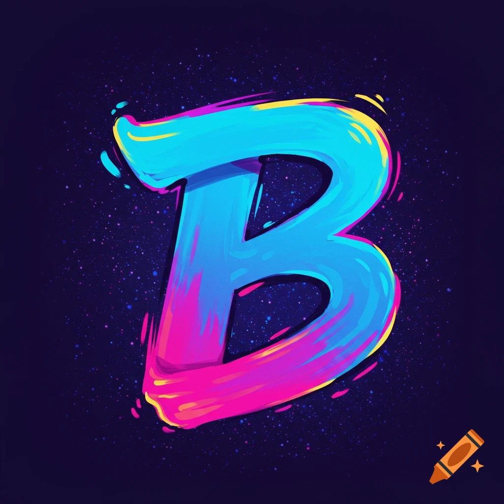 Stylized letter B in blue and pink paint strokes against a dark, starry background.