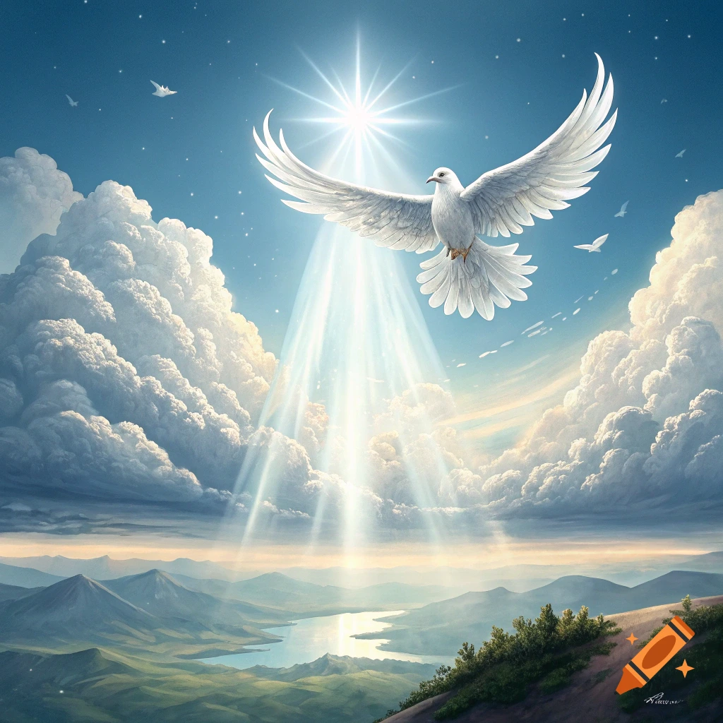 A white dove with outstretched wings descends from bright light in a cloudy sky over a mountainous landscape.