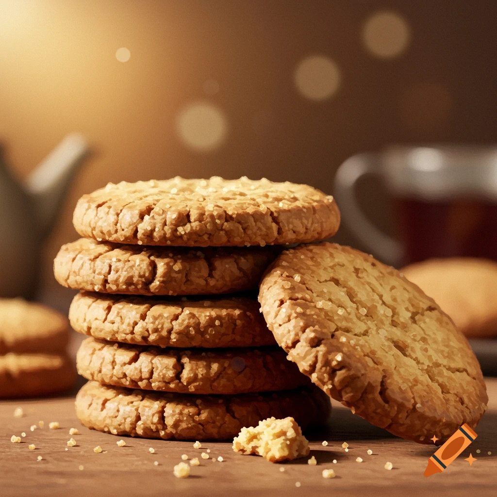 Stack of rustic cookies on a wooden table with crumbs and soft background light.