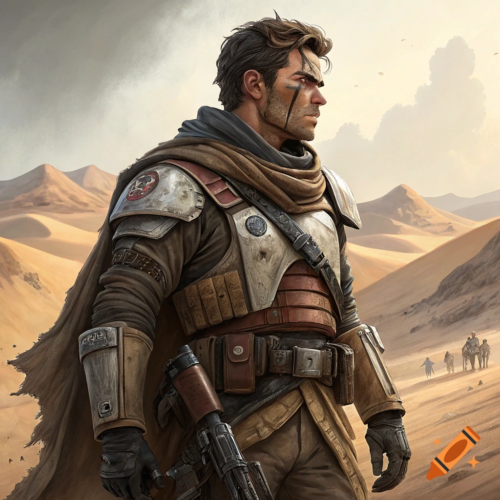 A human mercenary in sci-fi desert armor stands in a sandy landscape.