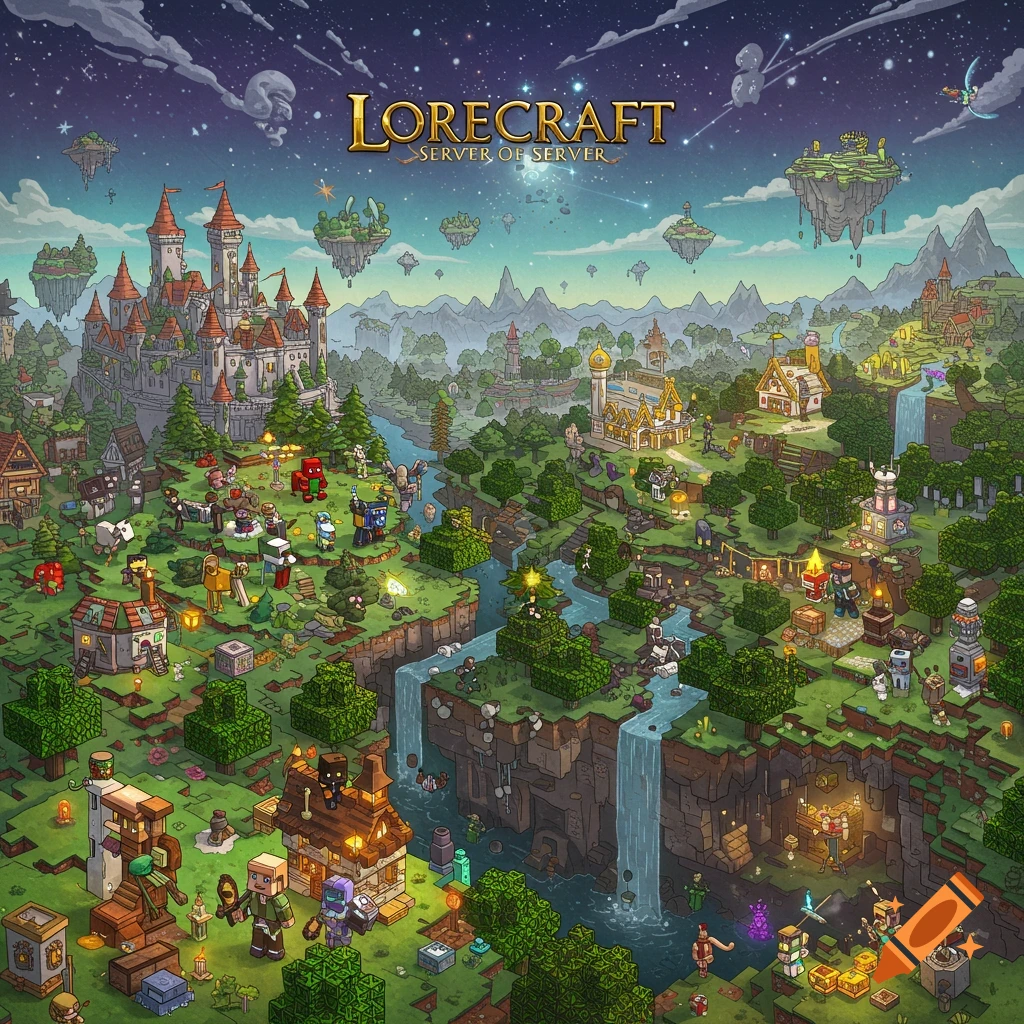 Overhead of a detailed Minecraft-style fantasy landscape with a castle, floating islands, rivers, waterfalls, and blocky characters. Text says LORECRAFT.