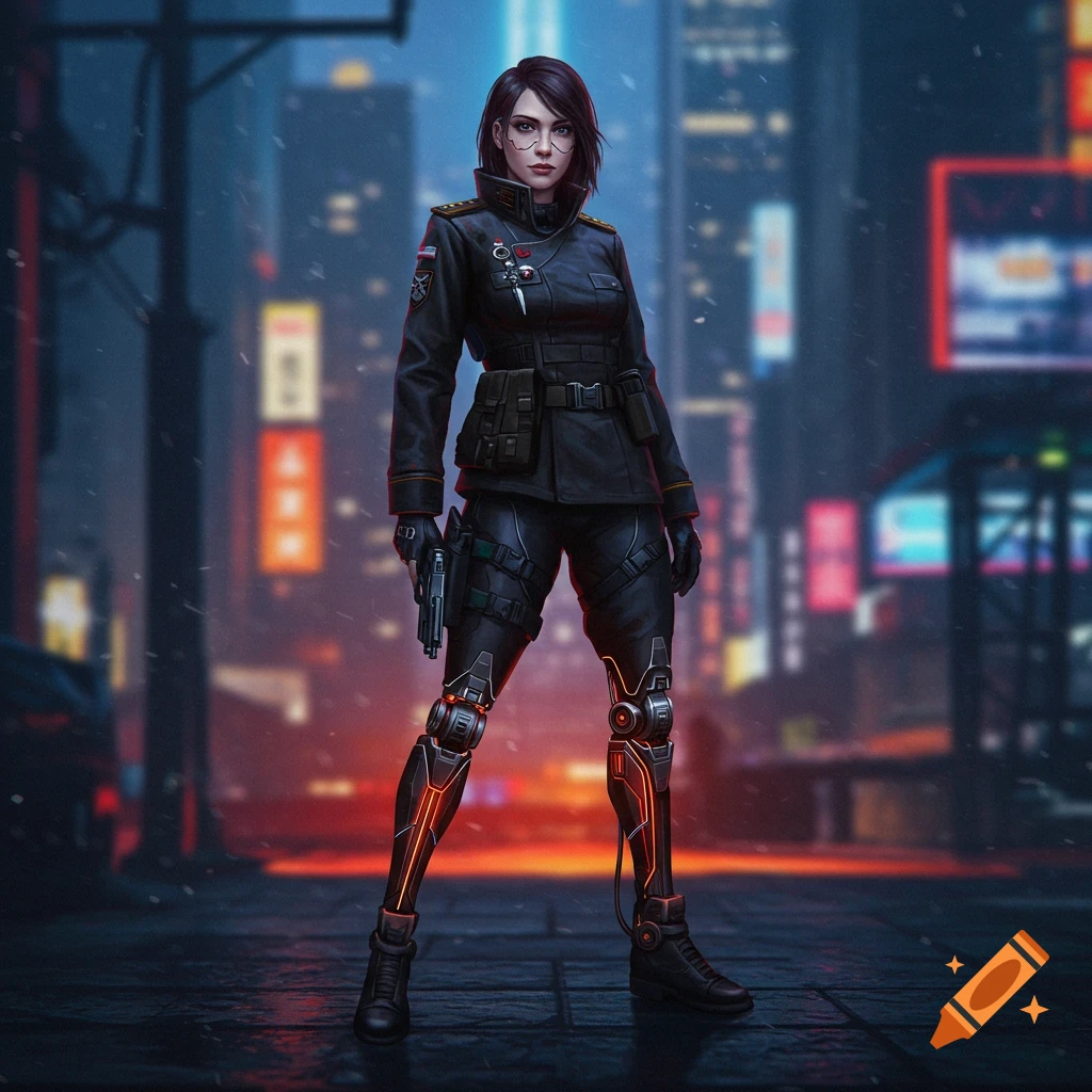 A woman in military cyberpunk gear with engineered legs stands in a city street.