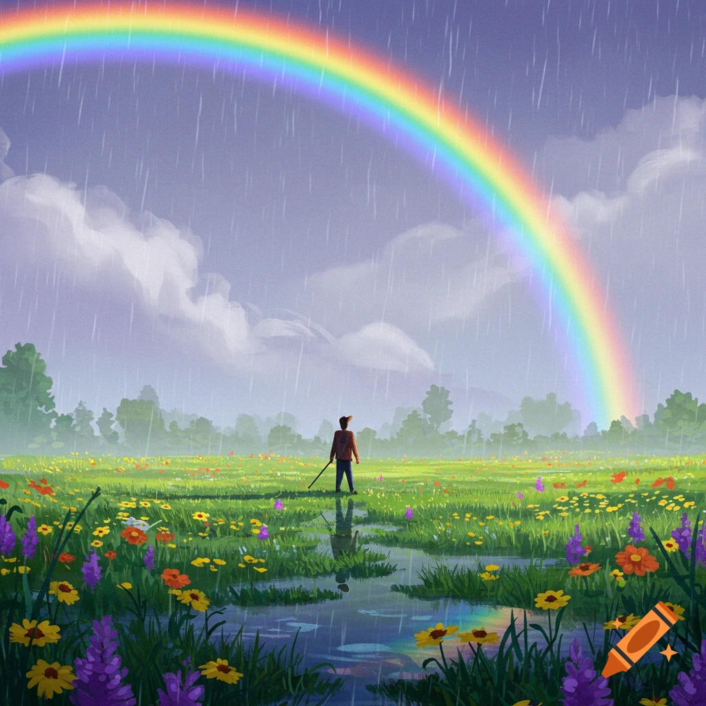 A person standing in a rainy meadow looking at a rainbow.