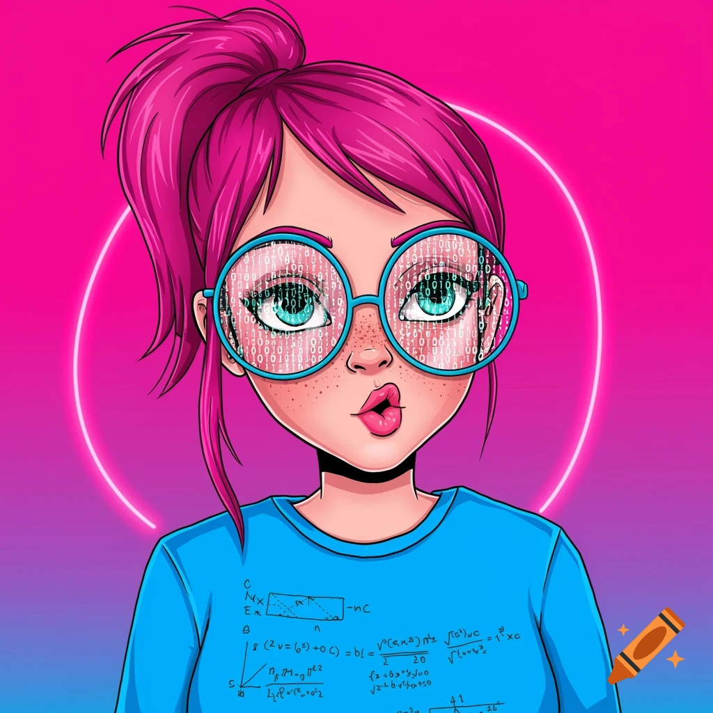 Vector illustration of a girl with pink hair in a ponytail, oversized glasses made of binary code, a freckled face, and a blue shirt with mathematical formulas.