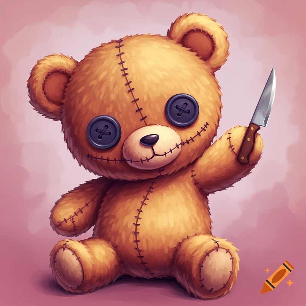 A stuffed teddy bear with button eyes and stitching is holding a knife.