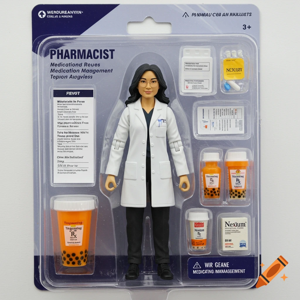 An action figure of a female pharmacist in white lab coat, standing in blister pack packaging with medication accessories.