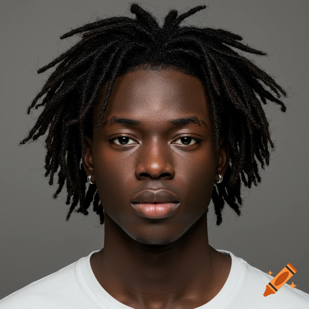 Close-up portrait of a young Black man with locs against a gray background.