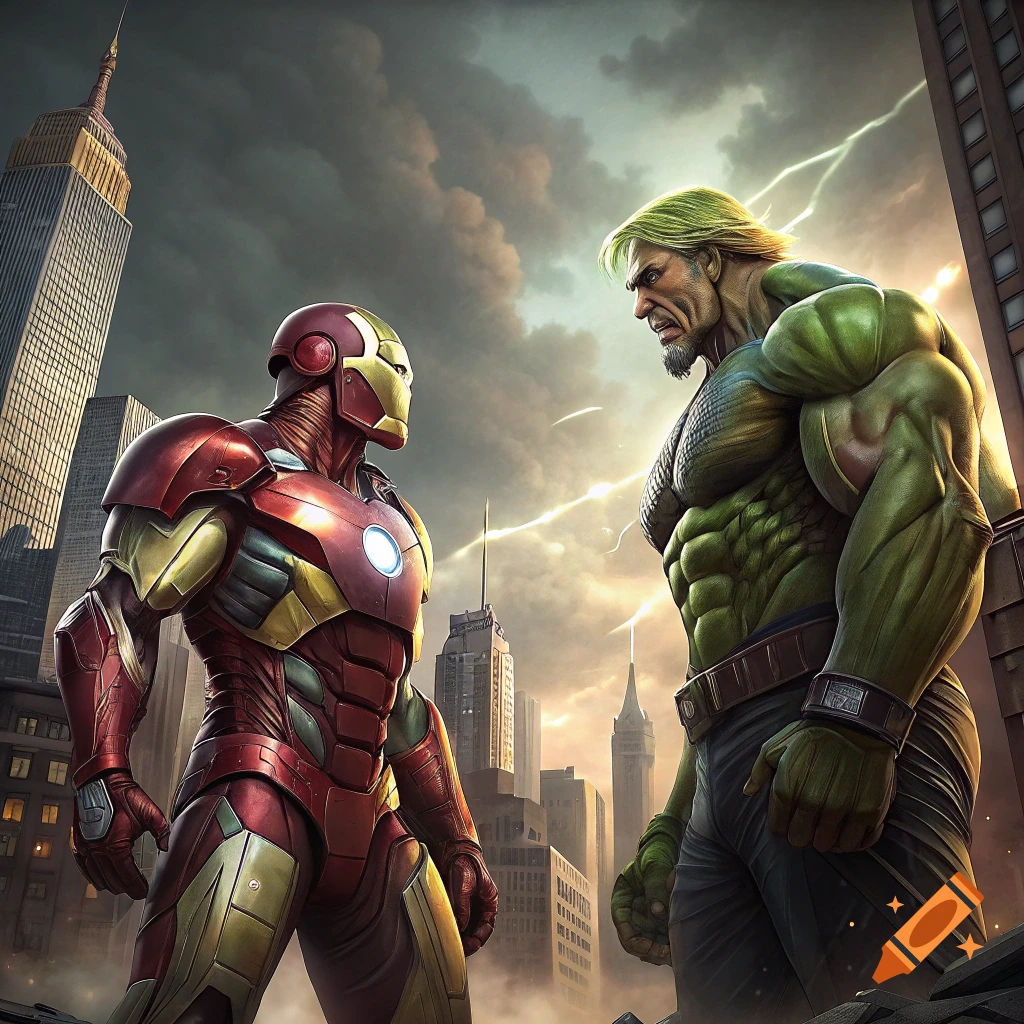 Iron Man and a Hulk-like figure face off in a ruined city under a stormy, lightning-filled sky.