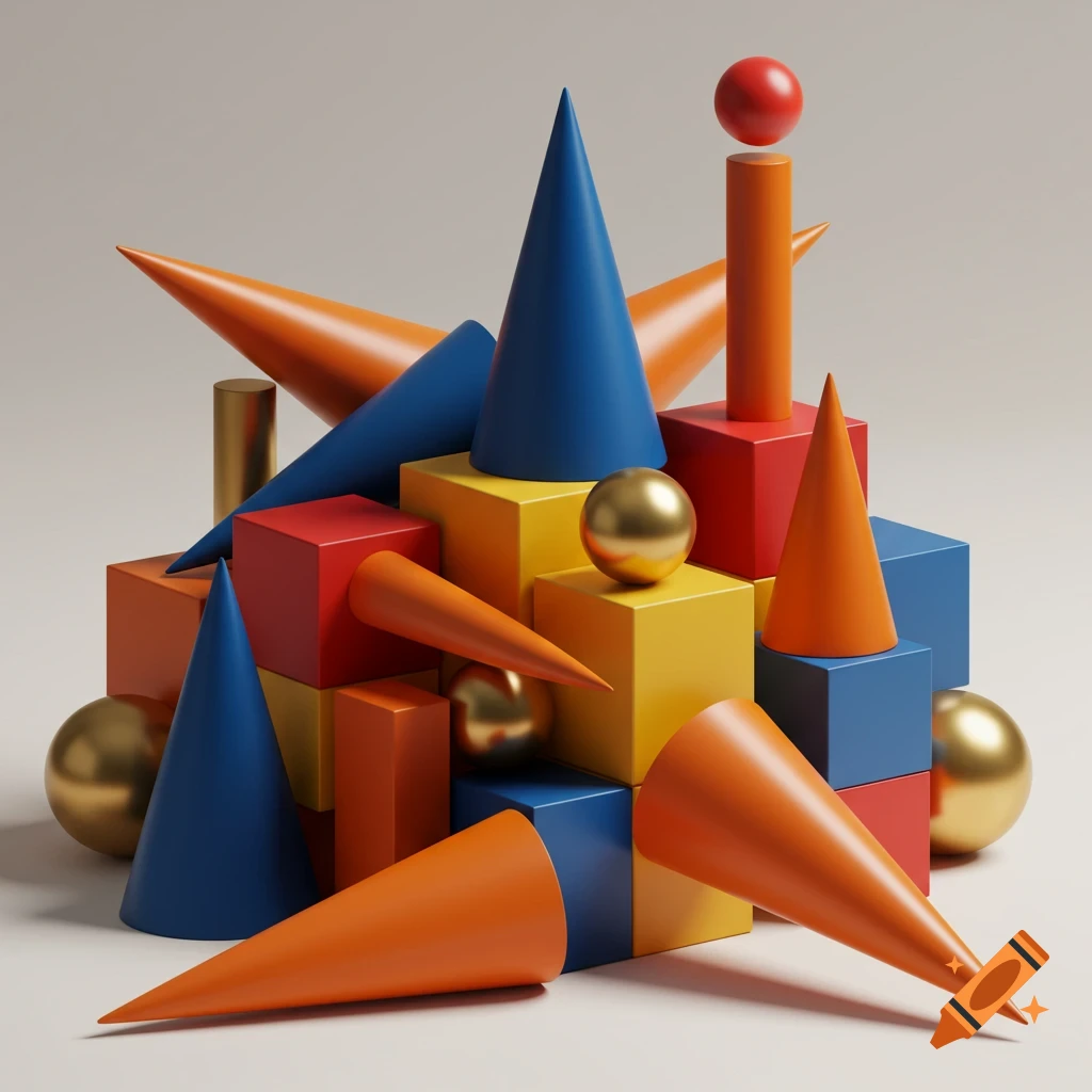 A composition of brightly colored 3D geometric shapes including cubes, cones, cylinders, and spheres.
