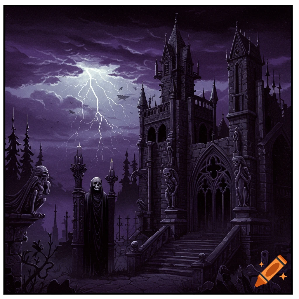 A gothic castle under a lightning storm with skeletons and gargoyles