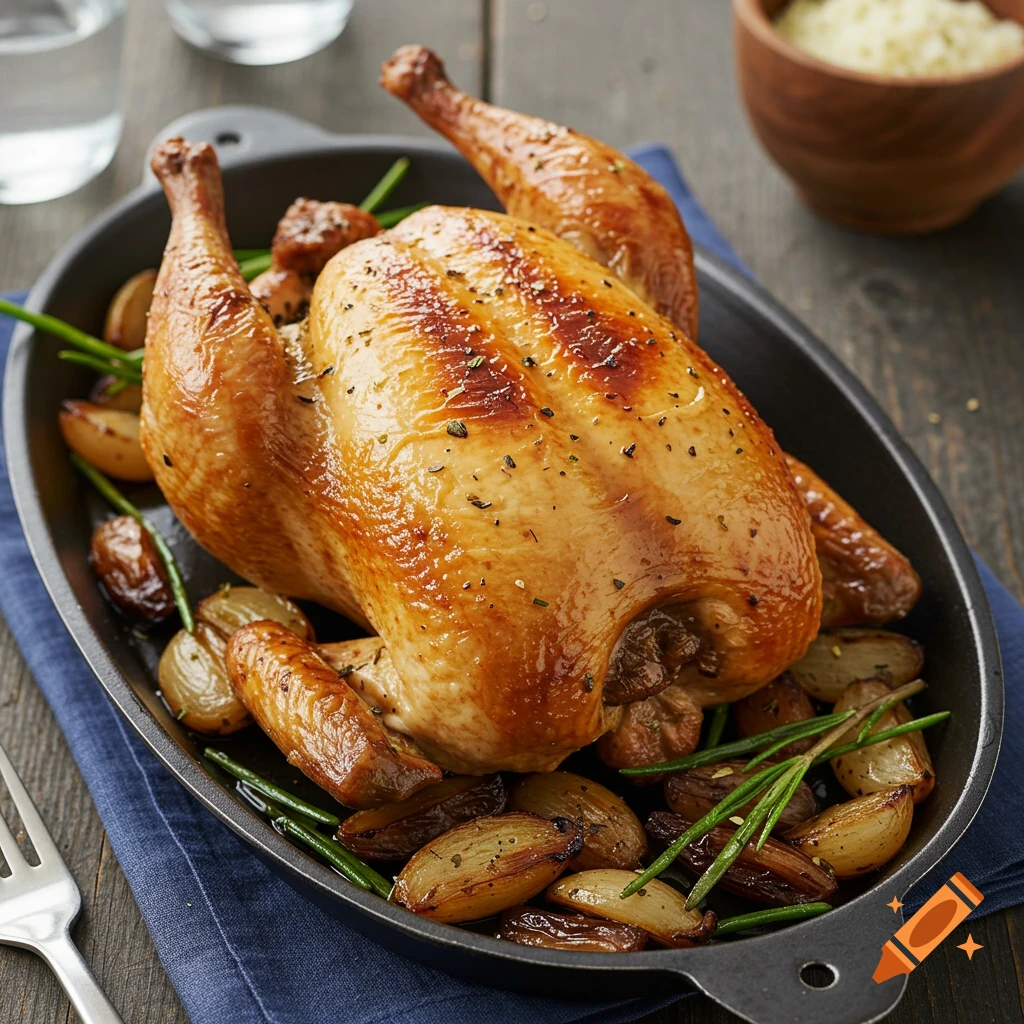 A golden roasted chicken sits on a black platter with roasted vegetables and herbs.