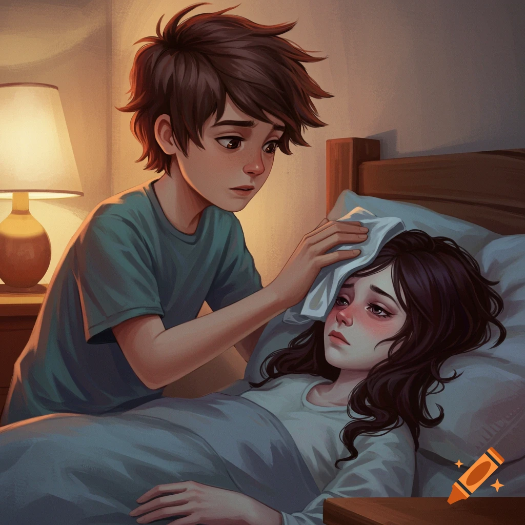 A boy puts a cool cloth on a sick girl's forehead in a dimly lit bedroom.
