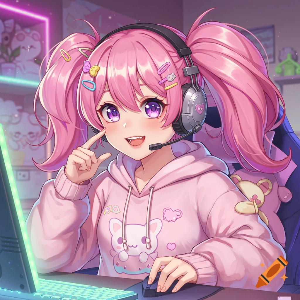 Anime girl with pink hair and pigtails playing video games
