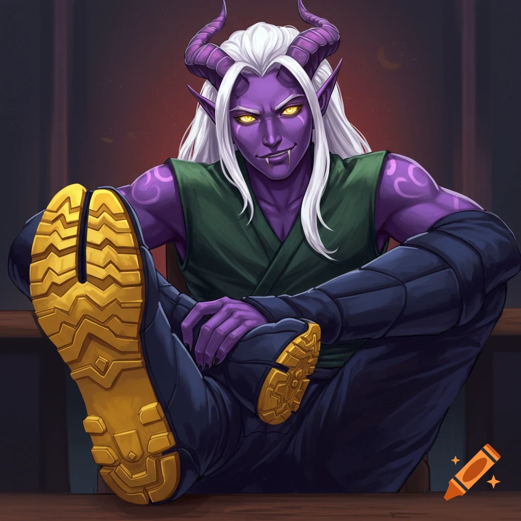A purple-skinned Tiefling with white hair and yellow eyes, sitting with feet up, smirking.