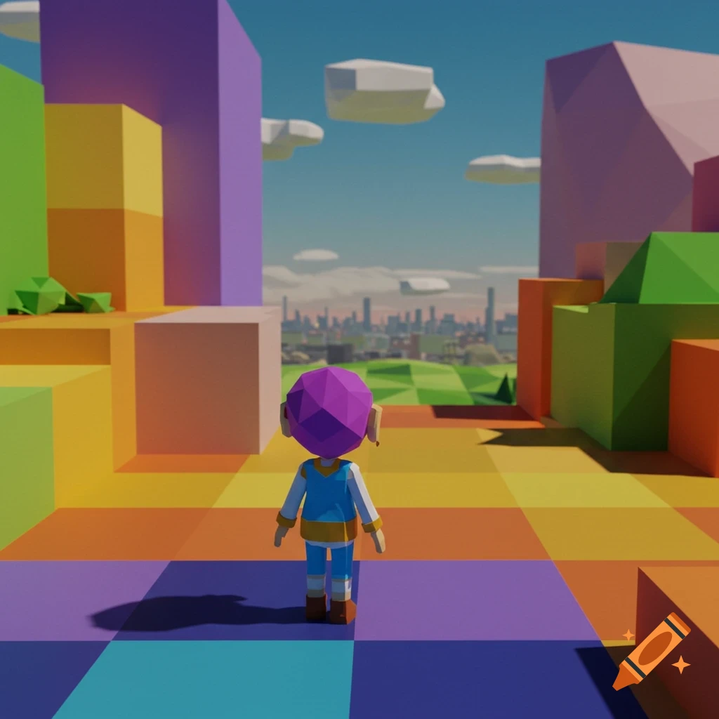 A low-poly character stands in a vibrant, colorful abstract landscape looking towards a distant city skyline.