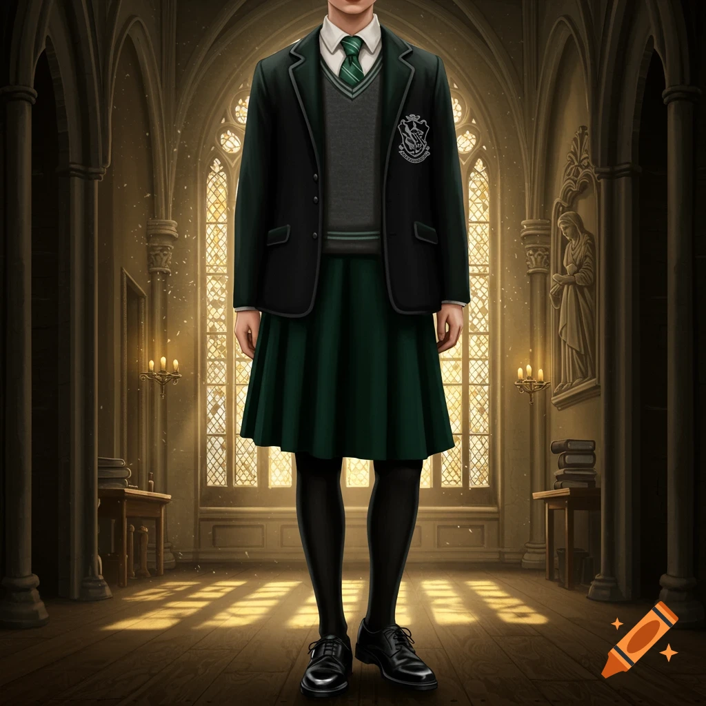 A person in a black and green magic school uniform stands in a grand hall