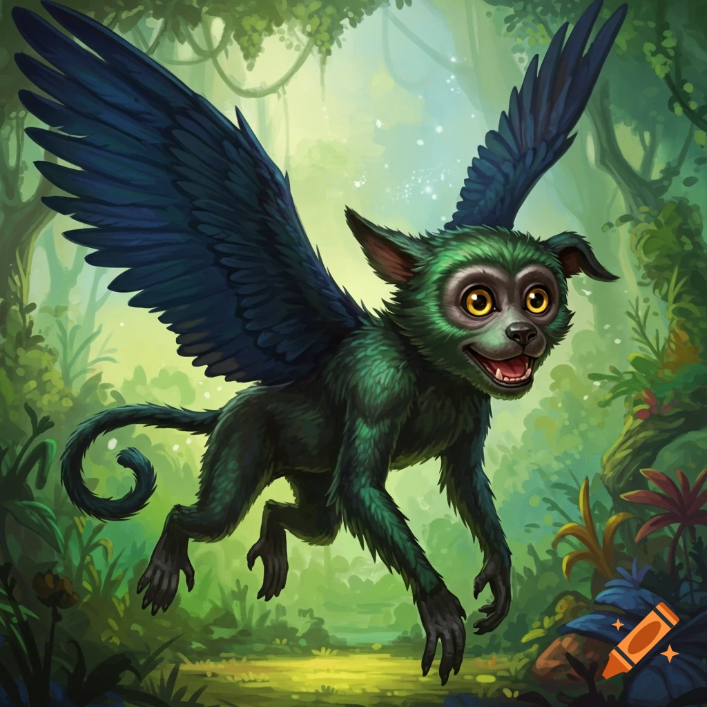 Green furry winged creature flying through a jungle.