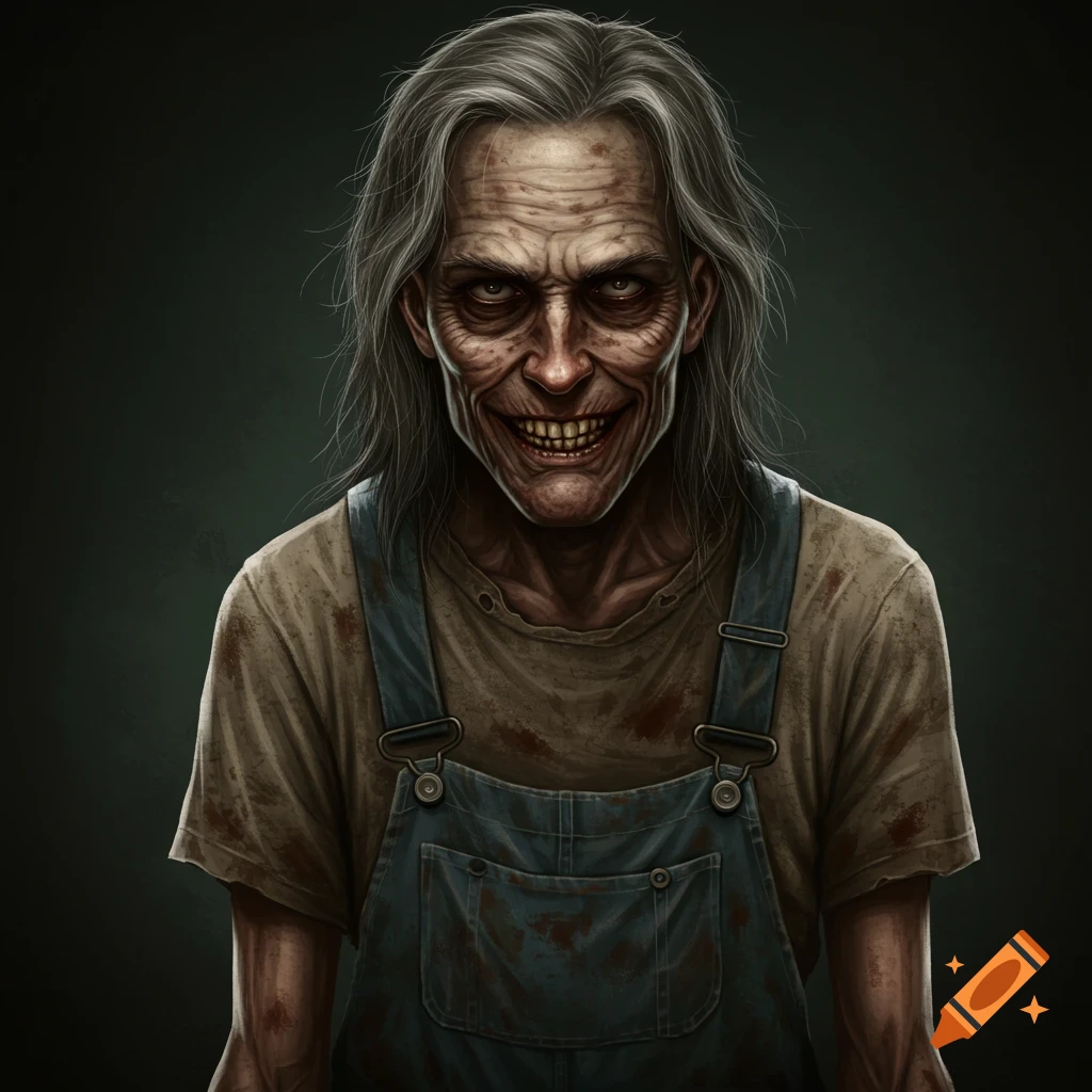 A creepy, wrinkled man with grey hair and overalls.
