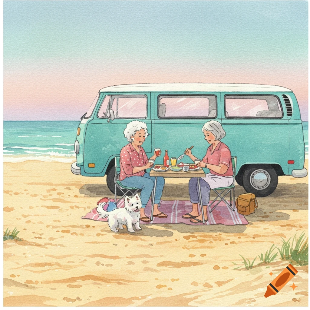 Two elderly women picnic by a van with a dog on a beach, watercolor style