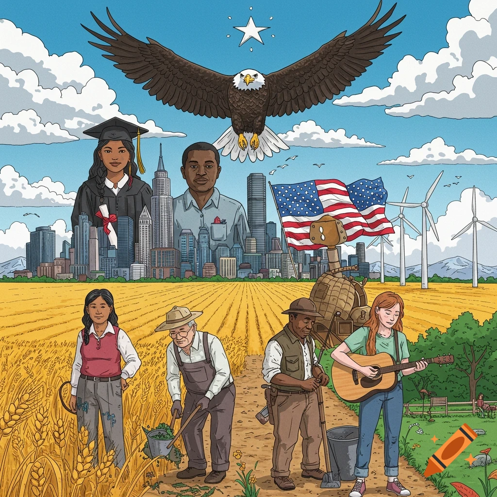 Illustration showing diverse people, city, farmland, eagle, and American flag representing America.