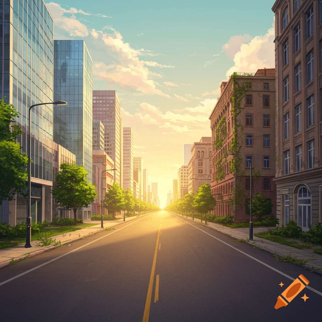 An anime-style image of a long city street lined with buildings and trees, with sunlight shining in the distance.