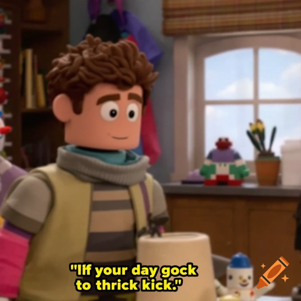 Claymation-style character resembling Brick Heck from The Middle, with garbled text overlay.