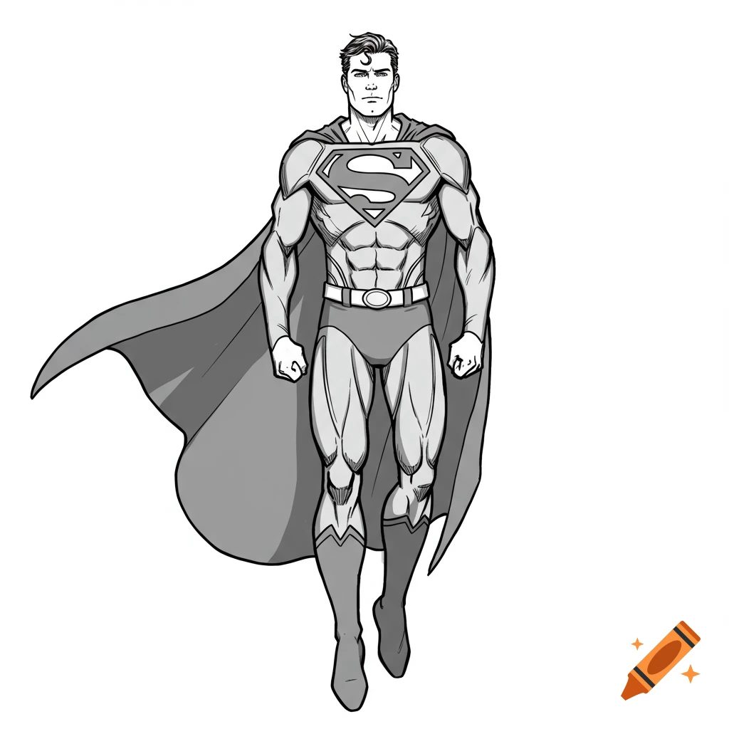 Black and white comic art illustration of Superman floating