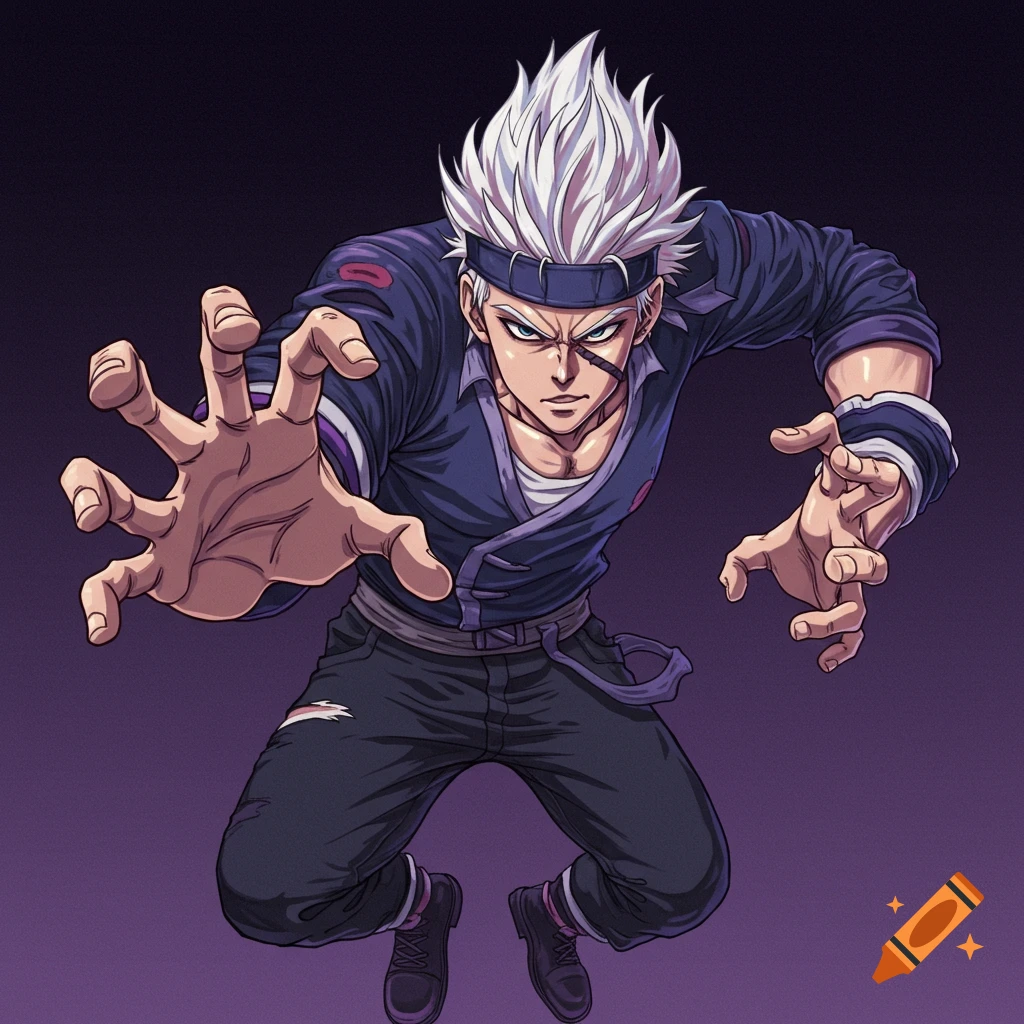 An anime character with white spiky hair and a headband reaches forward in a dynamic pose.