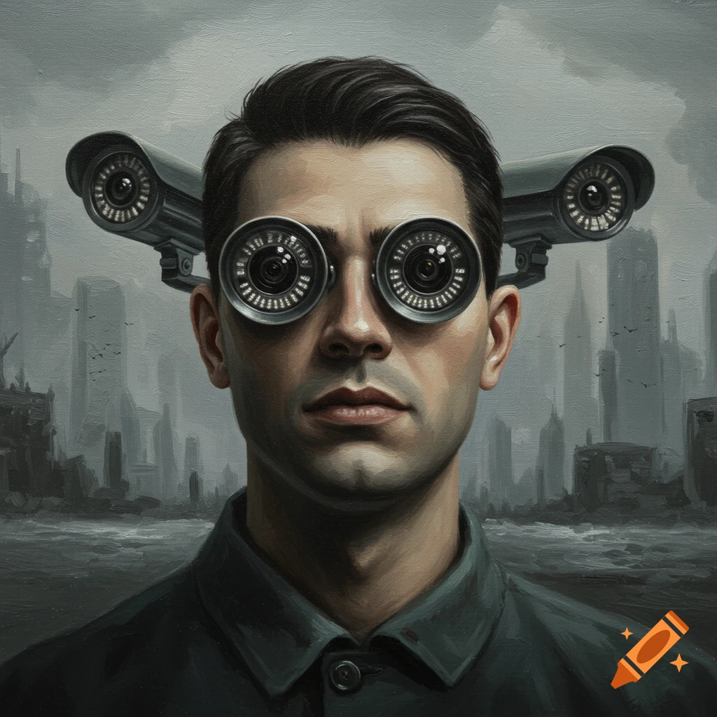 Dystopian painting of a man with security cameras replacing his eyes, against a backdrop of a ruined city skyline.
