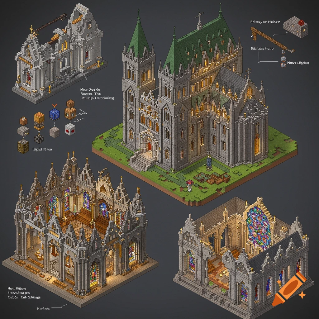 Isometric Minecraft builds of a large cathedral and other structures.