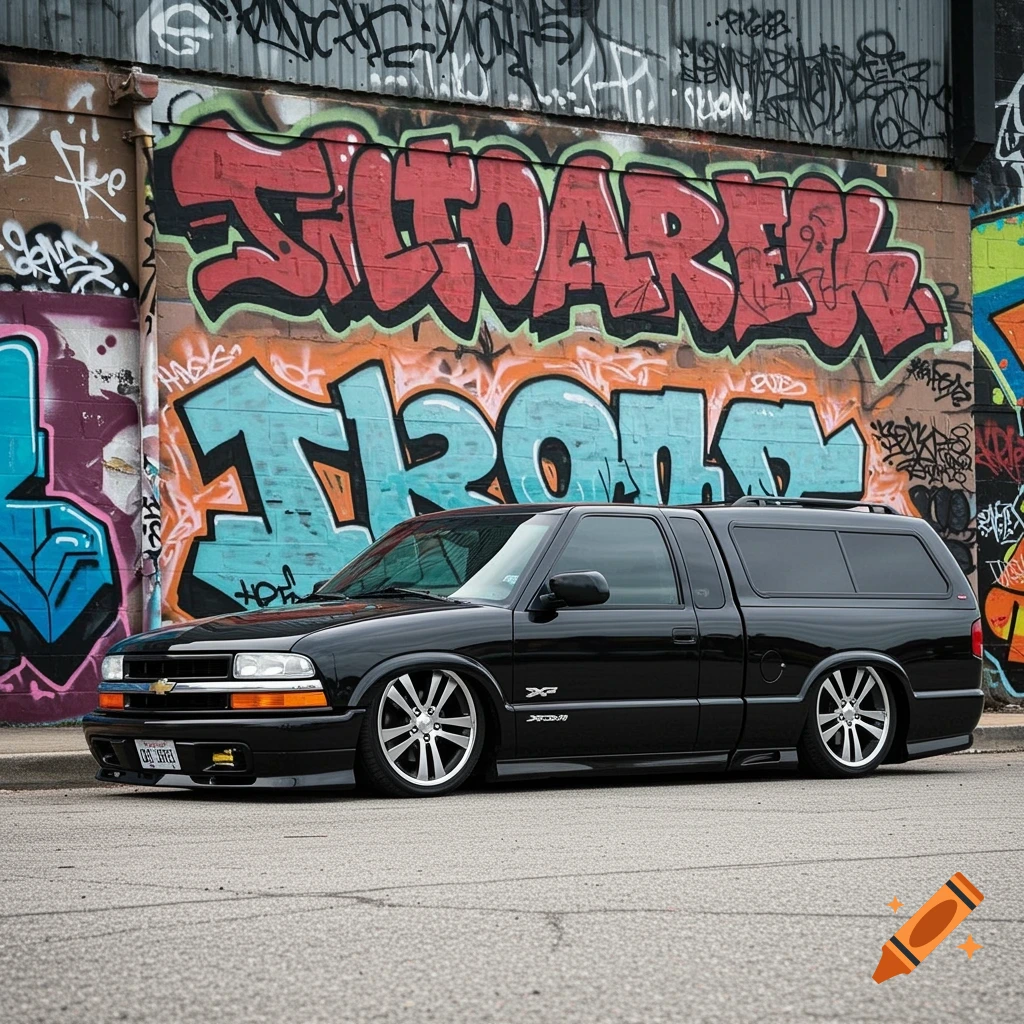 A lowered black Chevrolet S10 truck with a camper shell parked in front of a colorful graffiti wall. Street photography style.