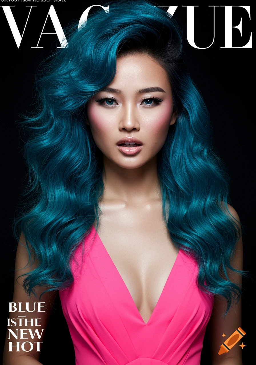 Portrait of a model with bright blue hair and a pink dress on a magazine cover with text.