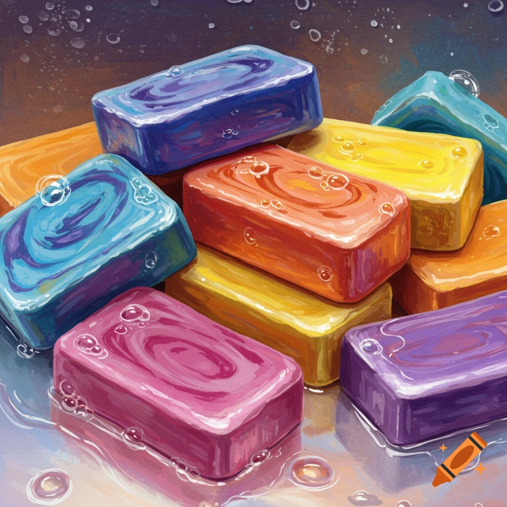 A pile of colorful wet bars of soap with bubbles.