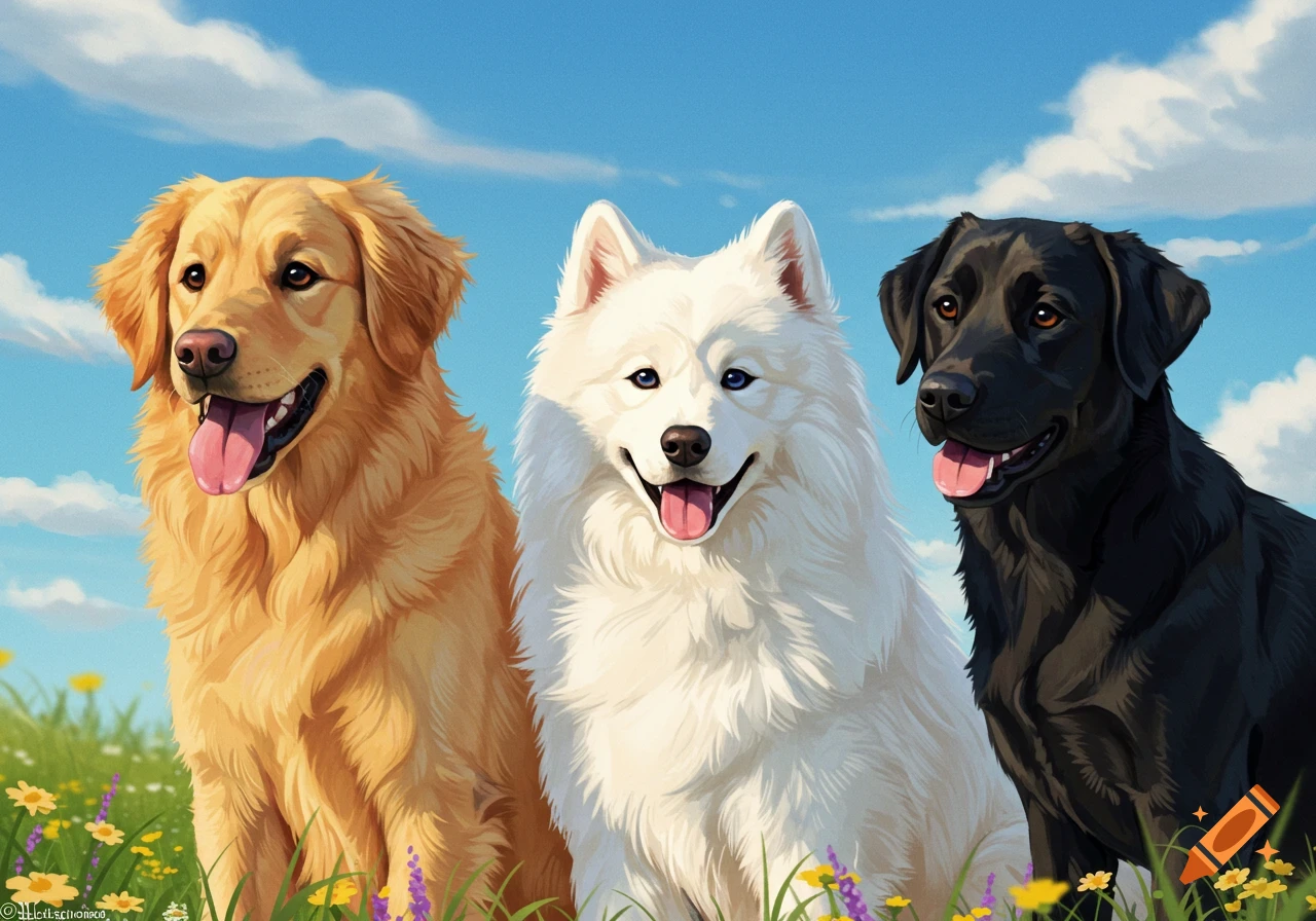 A Golden Retriever, Samoyed, and black Labrador Retriever sit in a field of flowers.