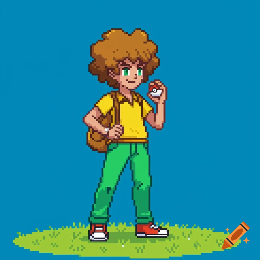 Pixel art male Pokémon trainer holding a Poké Ball.