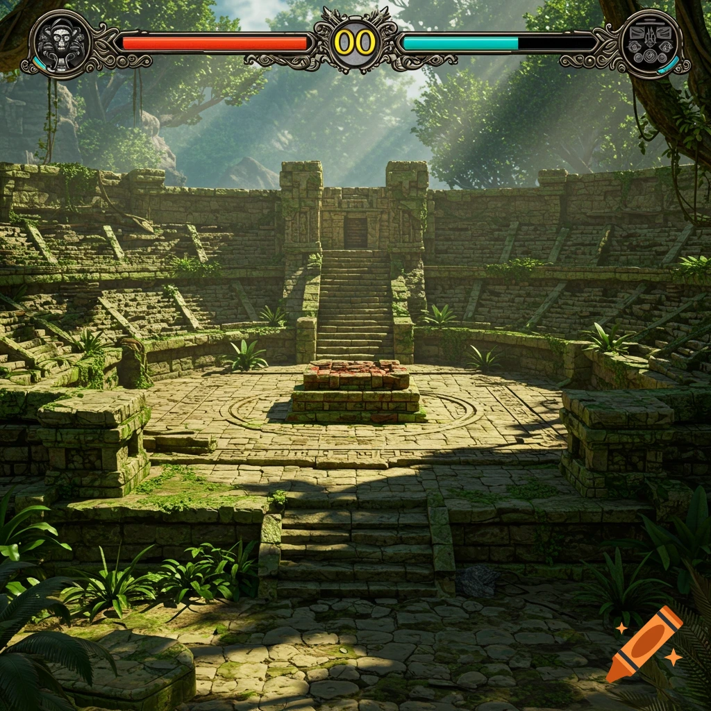 Ancient stone temple arena overgrown with moss and plants, with a fighting game UI overlay at the top.