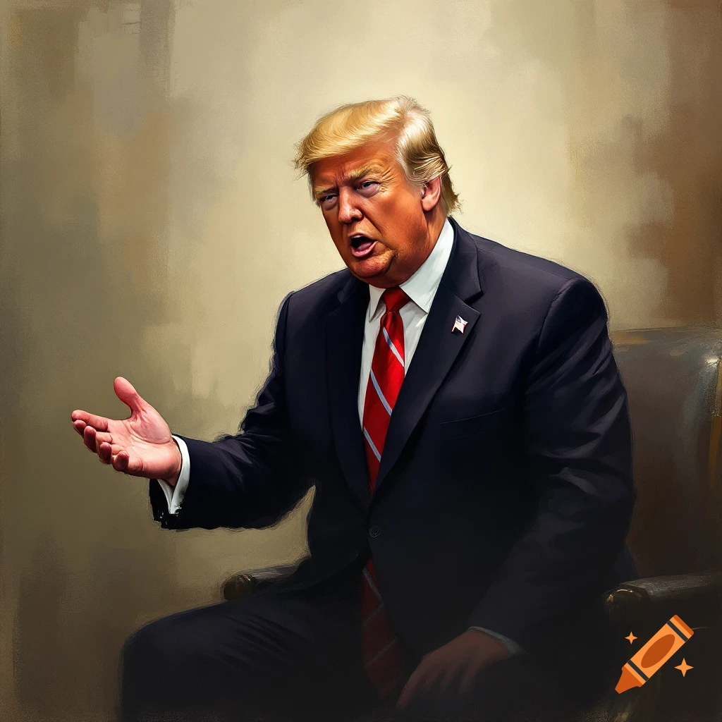 Donald Trump is seated, wearing a suit and red tie, and gesturing with his left hand.