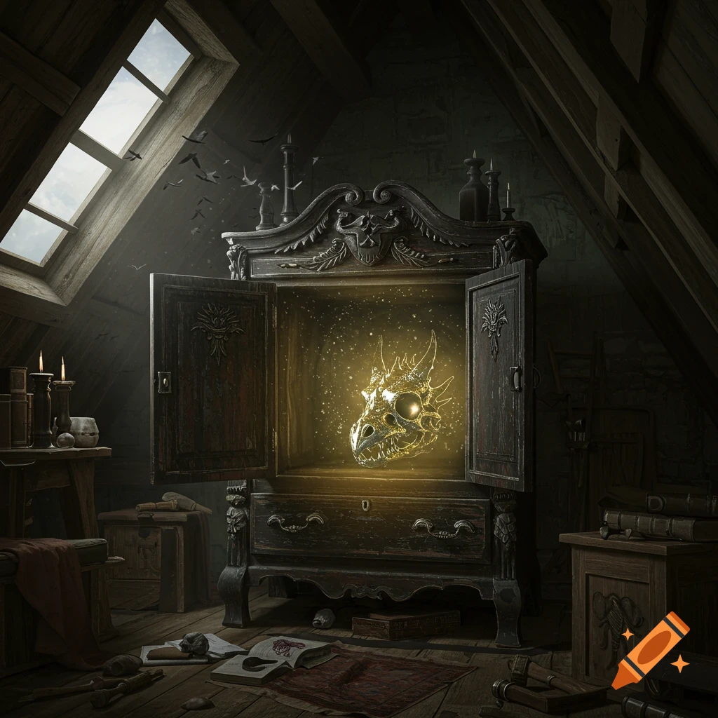 Dark fantasy scene in an attic with a glowing golden dragon skull in an open cabinet