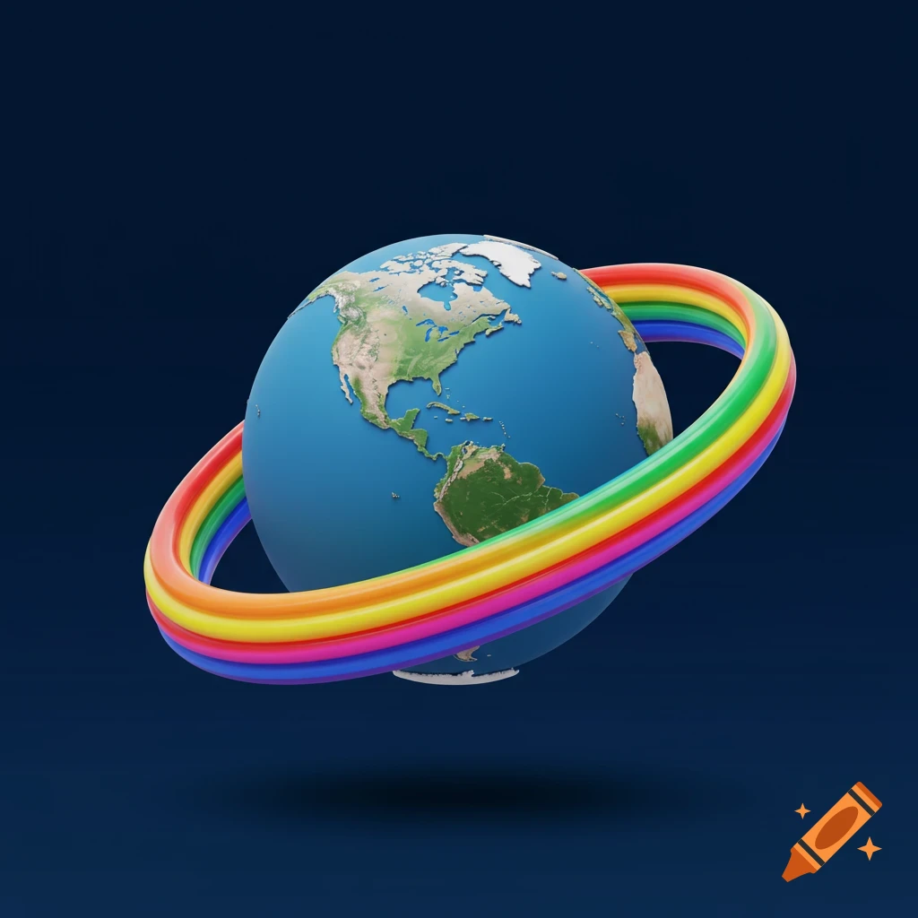 A 3D rendering of planet Earth with a rainbow ring around it.