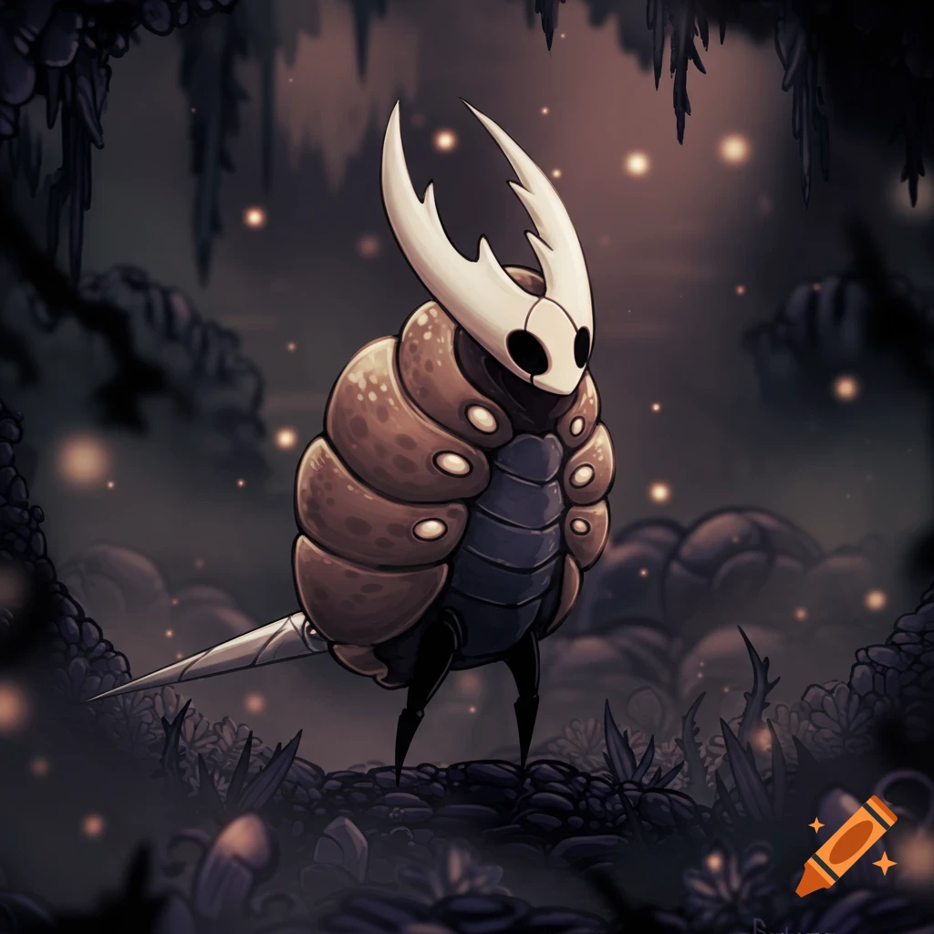 A stylized bug character with a white mask and segmented body stands in a dark forest.