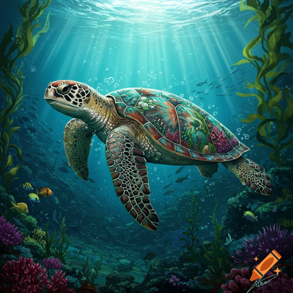 A sea turtle with a colorful, decorative shell swimming underwater with fish and coral.