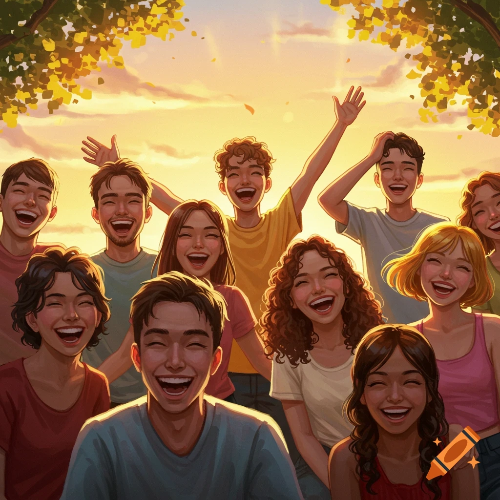 A diverse group of young people laughing together against a sunset background.