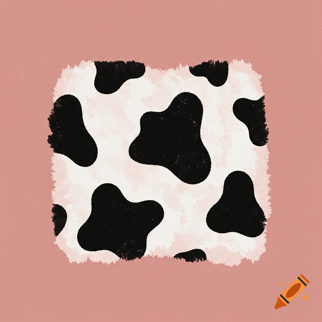 Black and white cow print with a fuzzy edge on a dusty pink background.