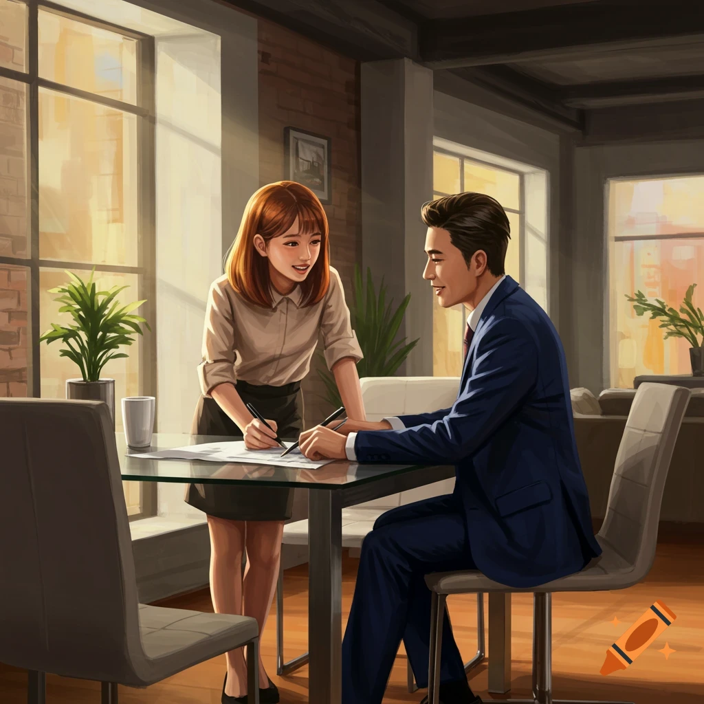 A man and woman discussing business at a table.