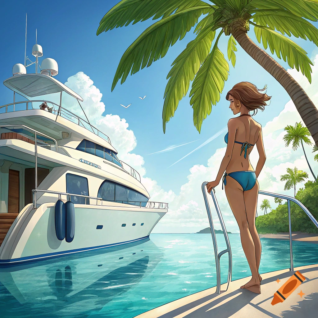 Illustration of a woman in a bikini on a yacht looking at a tropical island