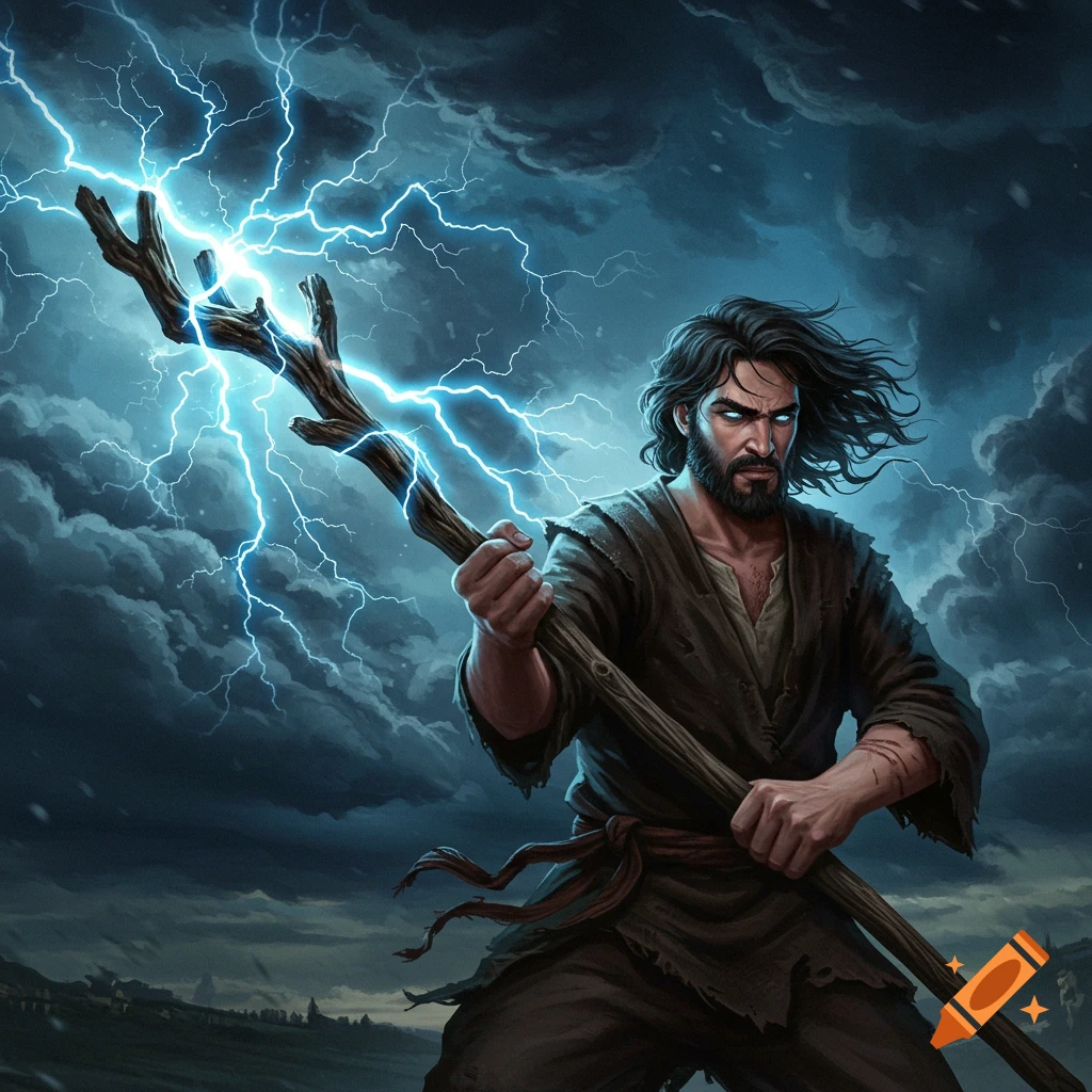 A man is casting lightning from a staff against a stormy sky.