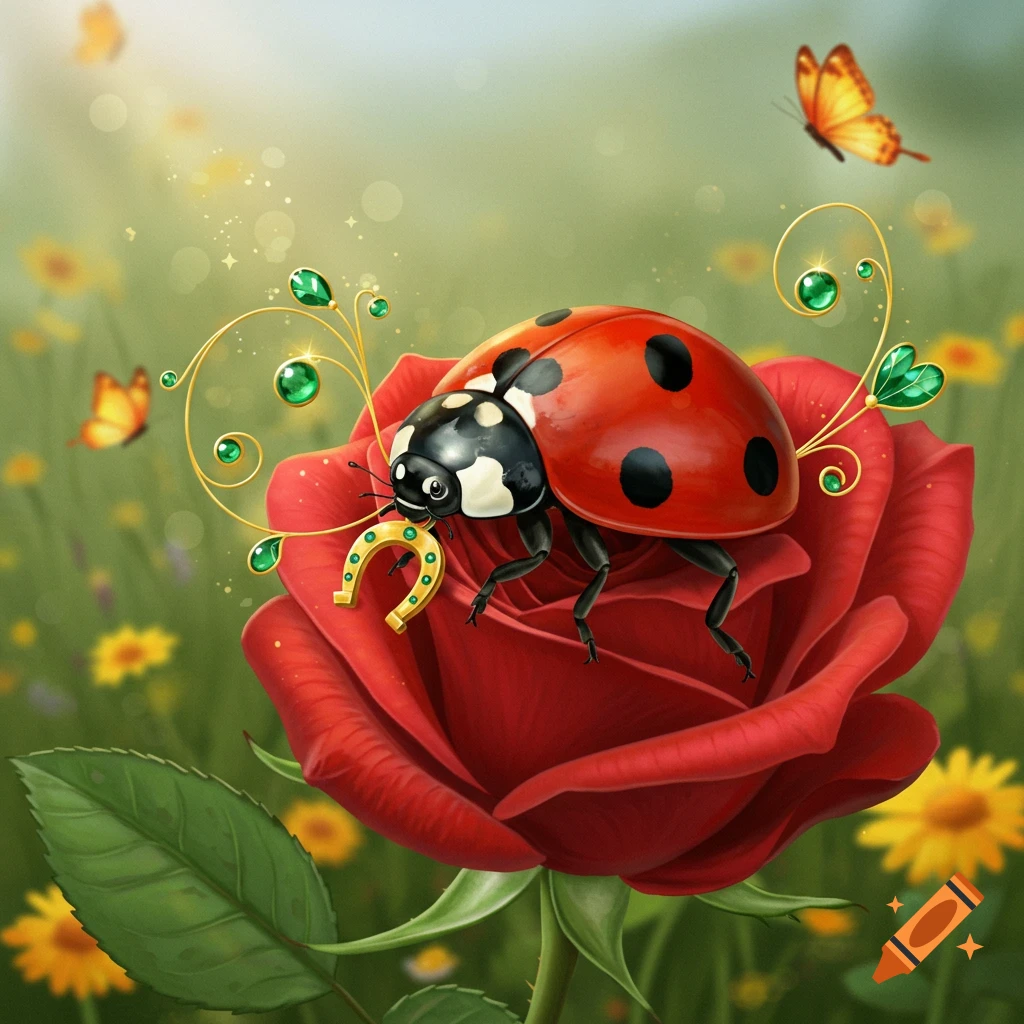 Ladybug holding a horseshoe on a red rose with butterflies in a sunny field.